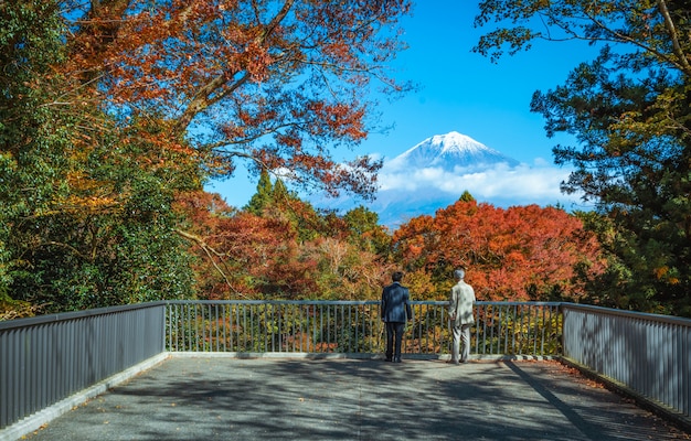 Traveler looking Mt.Fuji and colorful autumn leaf at Shiraito Falls in Fujinomiya, Shizuoka, Japan.