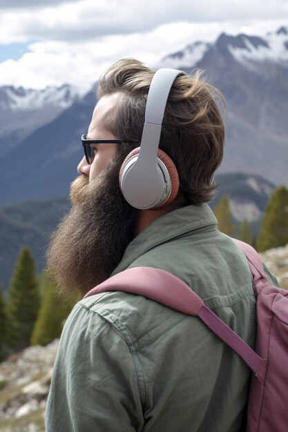 Traveler Man on a journey in headphones in the mountains in nature meditates relaxes and takes care of mental health AI generated