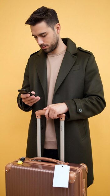 Traveler man with suitcase using cellphone texting on yellow background