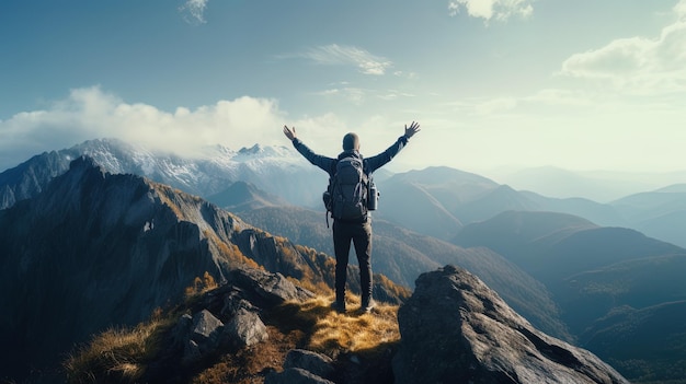 A traveler raising his hands up on top of the mountain