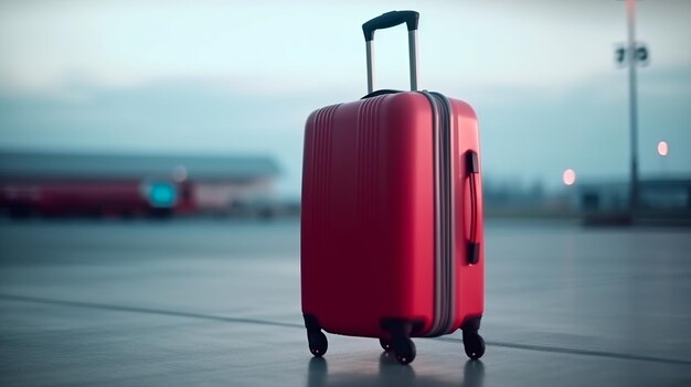 Traveler red suitcase at the airport before departure world tourism day concept Generative AI