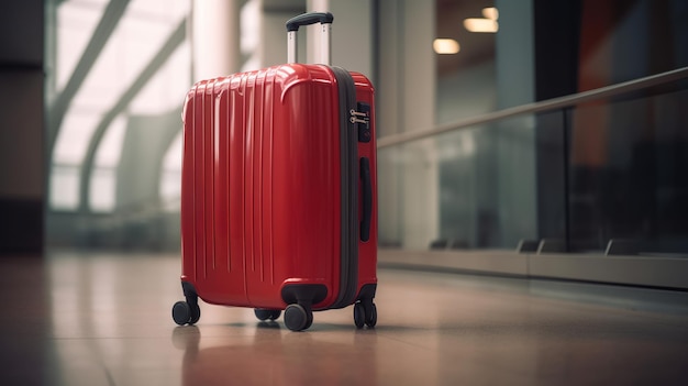 Traveler red suitcase at the airport before departure world tourism day concept Generative AI