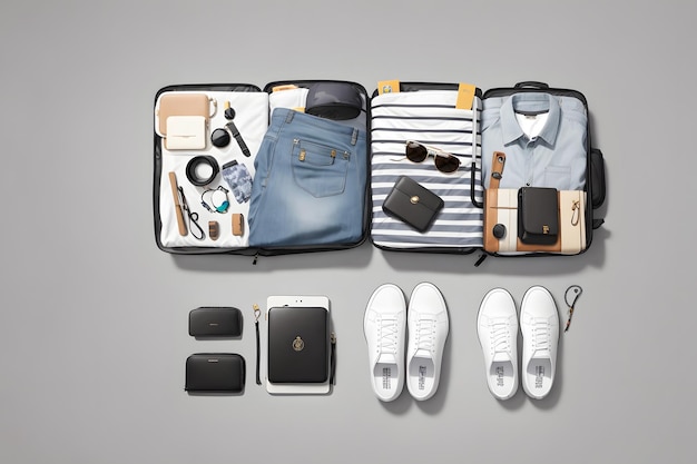 Traveler's accessories and clothes knolling style