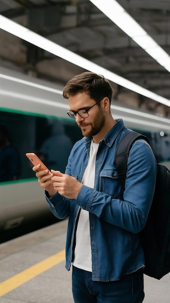 Traveler sending text message on smartphone in train station