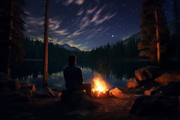 Traveler sitting by crackling campfire under starry night sky Generative AI