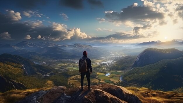 A traveler standing on a cliff overlooking the valley and mountains