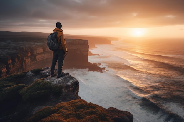 Photo a traveler standing at the edge of a cliff overlooking a stunning coastal landscape