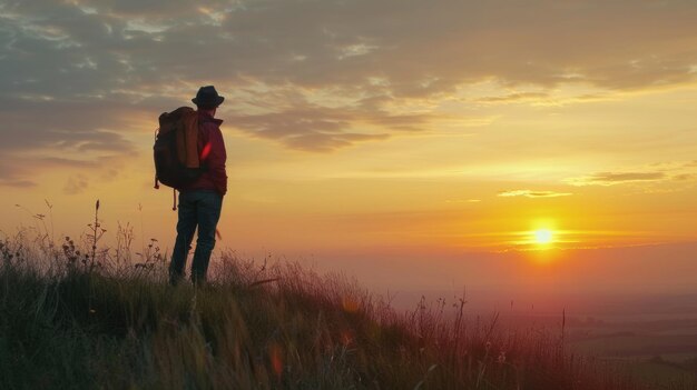 Photo traveler standing on the hill top at sunset