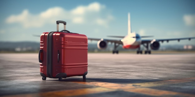 Traveler suitcase with airplane background Summer vacation concept Generative AI