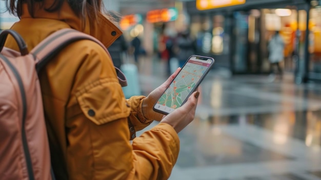 Photo a traveler using a mobile app to track the location of their checked luggage