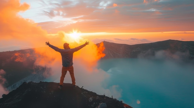 Traveler on volcano crater at sunrise with spectacular sky Success in exploring the world