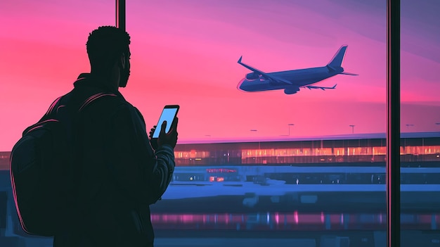 A traveler waits at the airport terminal as a plane takes off against a vibrant pink and purple