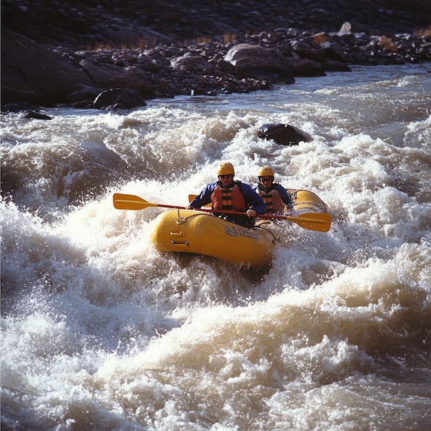 Photo a traveler whitewater rafting through turbulent river rapids