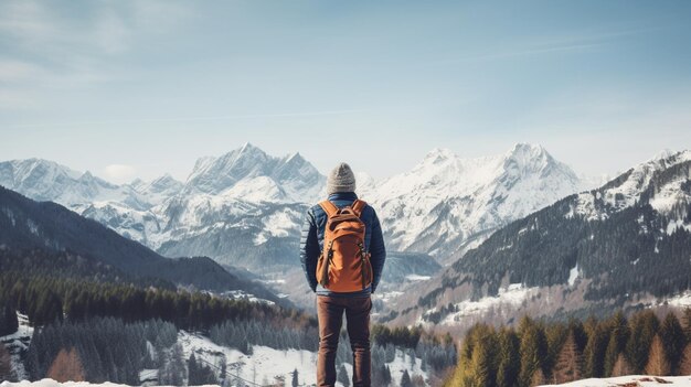 Traveler in winter trekking in the mountains high quality photo