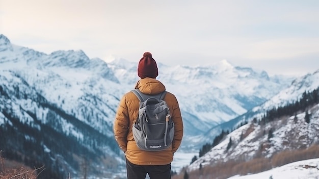 Traveler in winter trekking in the mountains high quality photo