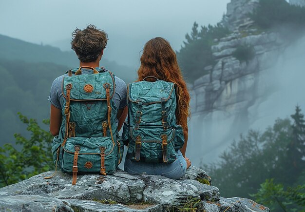 Photo traveler with backpack sitting on the rock and looking at beautiful view