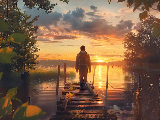 traveler with backpack walking over wooden bridge on the lake in sunset