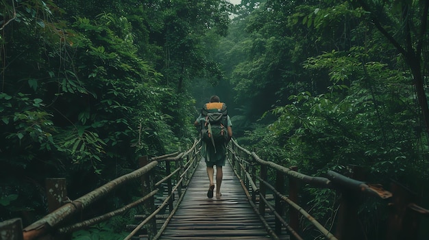 A traveler with a backpack walks along a wooden bridge in a misty jungle He is surrounded by lush green vegetation and the sounds of the forest