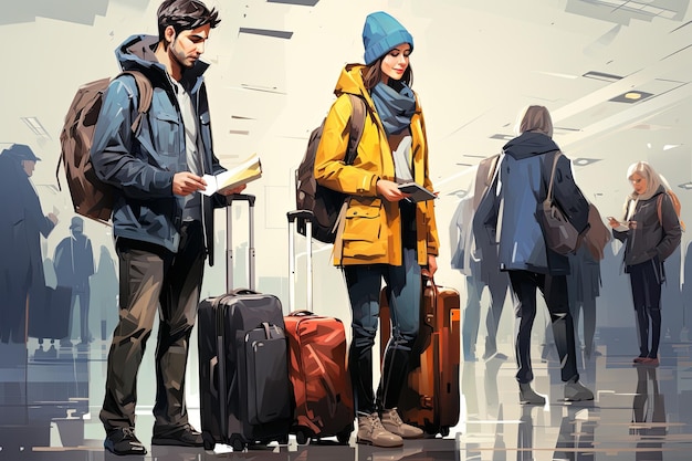 Traveler with backpacks and luggage bags in queue waiting for airport security check Travelers Queuing for Security Check Generative AI