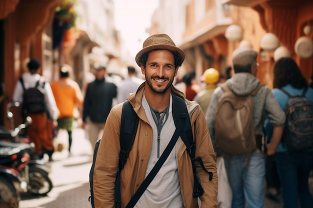 a traveler with a hat and backpack on a busy street