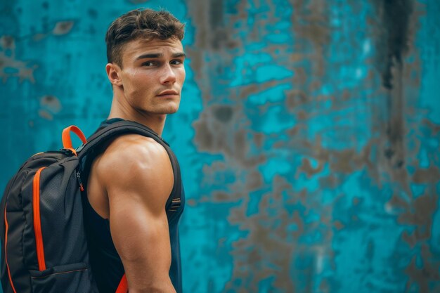 Traveler with red backpack in urban background