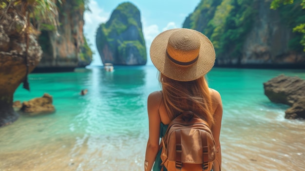 Traveler woman on beach bay joy fun nature scenic landscape