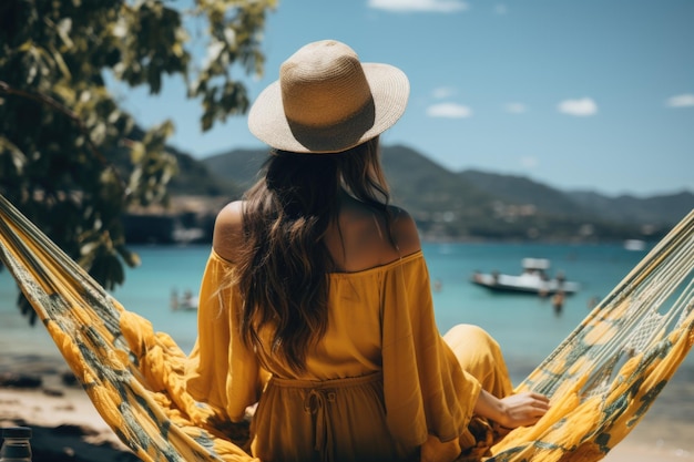 Traveler woman relax in hammock on summer beach Thailand no face shown