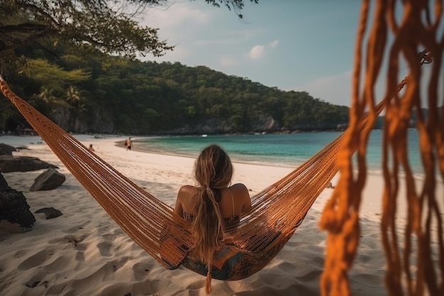 Traveler woman relax in hammock on summer beach Thailand Rear view Generative AI