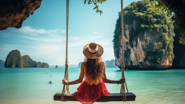 Traveler woman relaxing on swing above Andaman sea Railay beach Krabi Leisure tourist travel Phuket Thailand summer holiday vacation trip Beautiful destinations place Asia