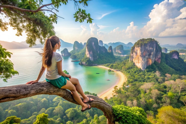 Photo traveler woman on tree branch joy fun nature view scenic landscape railay krabi adventure attraction tourist travel phuket thailand summer holiday vacation