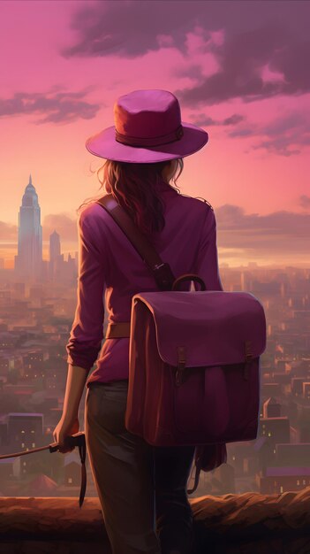 Traveler woman with magenta straw hat