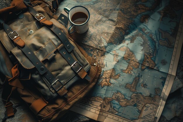 Travelers Delight Backpack Map and Coffee on Table