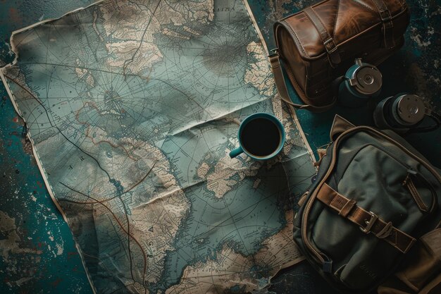 Travelers Delight Backpack Map and Coffee on Table