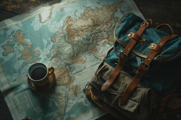 Travelers Delight Backpack Map and Coffee on Table