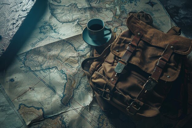 Travelers Delight Backpack Map and Coffee on Table