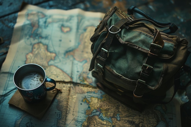 Travelers Delight Backpack Map and Coffee on Table