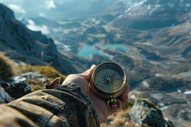 Photo a travelers hand with a compass over a scenic view