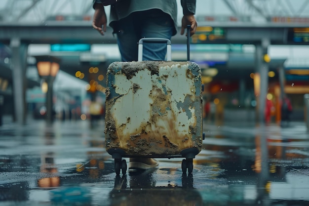 Photo a travelers journey the story behind a worn suitcase at the airport