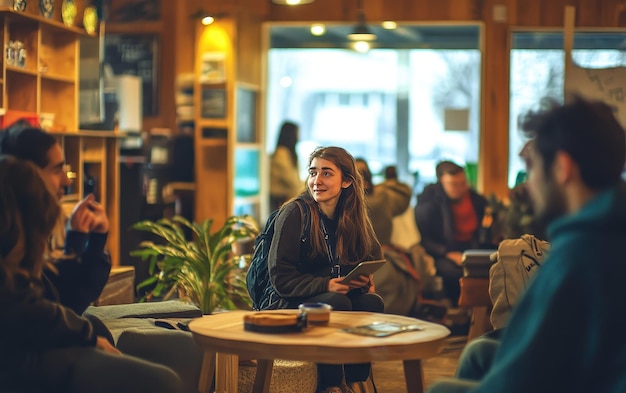 Photo travelers socializing in vibrant hostel common area