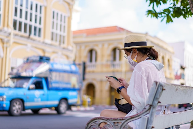 Travelers on street Phuket old town with Building Sino Portuguese architecture at Phuket Old Town area Phuket Thailand Travel concept