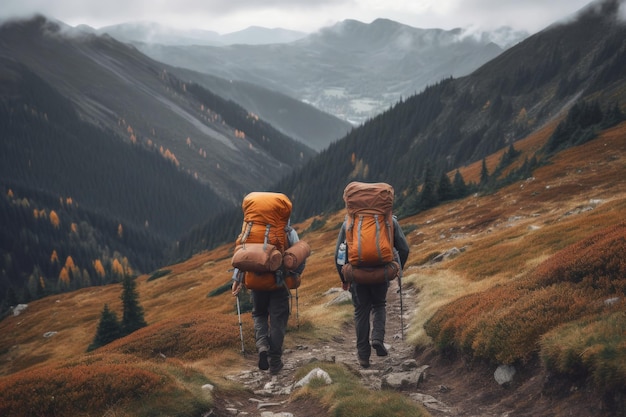 Travelers with backpacks hiking in mountains Generative AI