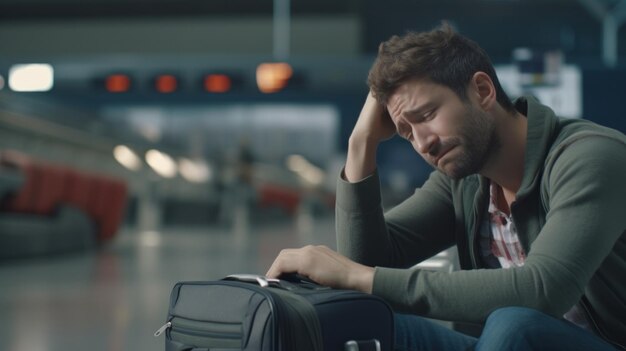 Travelers Woe Disheartened Man Facing a Missed or Cancelled Flight at the Airport TerminalxA