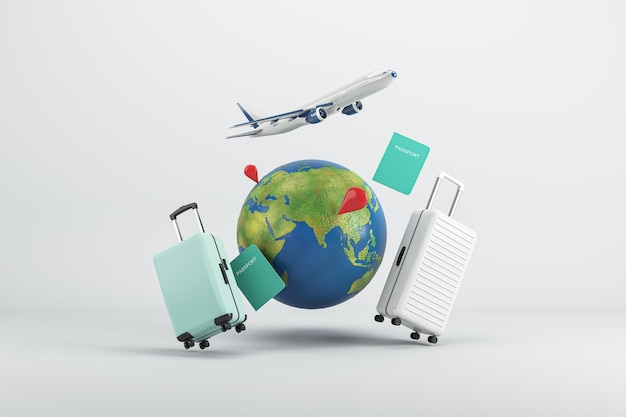 Traveling around the world with suitcases and airplane 3D rendering