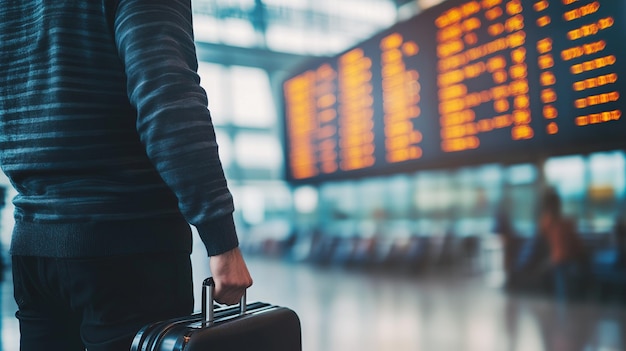 Traveling by airplane Man waiting in airport terminal