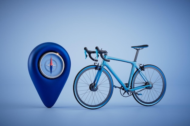 Traveling by bike bike and compass inside the gps point on a blue background 3D render