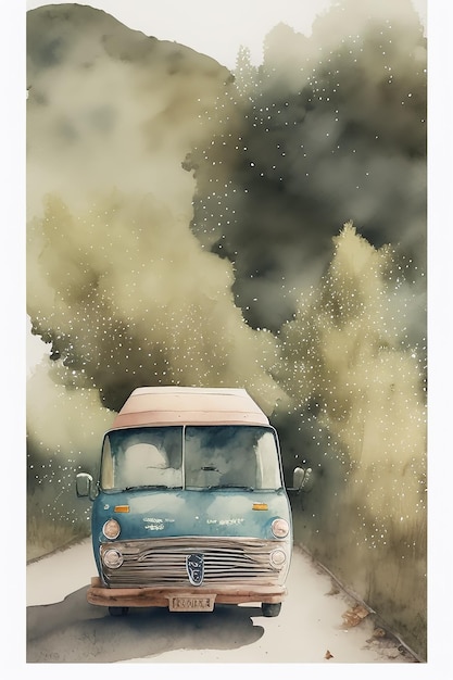 Photo traveling by car on the road is painted in watercolor technique the concept of road travel in a mobile home