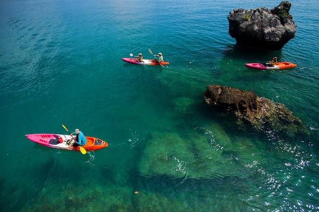 Traveling by kayak on the sea at sunny day.Krabi Province Thailand