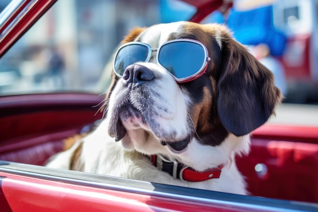 Traveling in a car a cute St Bernard dog with sunglasses gazes outdoors portraying animal vacation