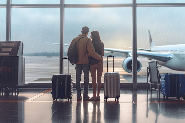 Traveling couple with luggage standing together in the lounge airport created with Generative AI