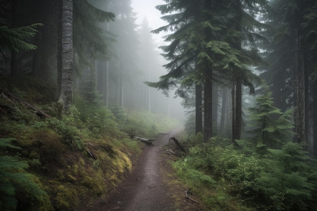 Traveling through foggy forest with tall trees created with generative ai